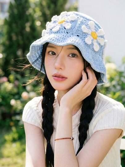 1pc Women's Handmade Floral Crochet Bucket Hat, Y2K Style Hollow Out Ruffled Cute Knitted Cap, Suitable For Casual, Vacation.