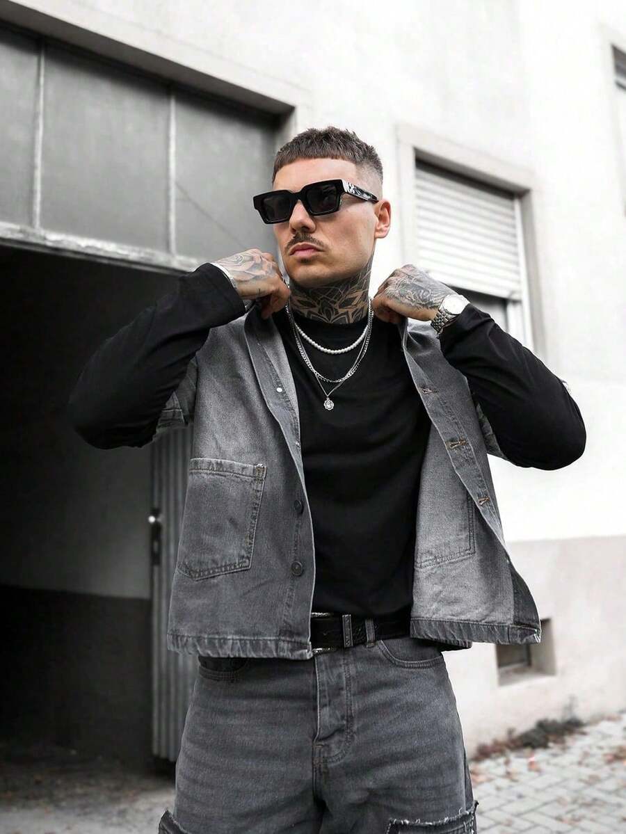 Men's Fashionable Personalized Retro Short Sleeve Denim Shirt - Dark Grey - View 1
