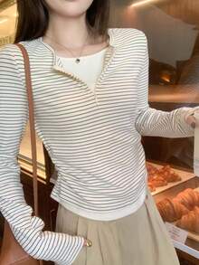 Kaos Lengan Panjang Leher Persegi Bergaris Gaya Korea 2 in 1 untuk Wanita, Ukuran Petite Slim Fit, Atasan Dalaman Pendek untuk Liburan Musim Gugur - Putih - View 5