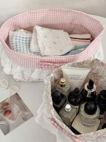 1pc Floral Lace Fabric Storage Basket Sweet Gentle Style Mother-Daughter Set Foldable Bedroom Dormitory Desktop Cosmetics Small Items Digital Products Organizer Container Home Decor Gift - View 1