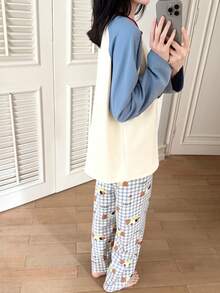 2pcs/Set Women's Pajamas Loungewear Set, Round Neck Pullover Cute Dachshund Dog Print Minimalist Long Sleeve Long Pants, Suitable For All Seasons - Blue and White - View 2