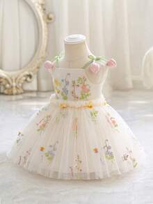 女嬰 3D 花朵刺繡公主洋裝，細肩帶洋裝，適合兒童生日、花童、婚禮、萬聖節及其他節日慶祝 - 香檳色 - 查看 2