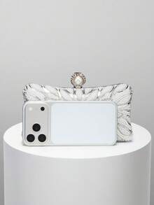 Women's Elegant/Pearl Pattern Design Box Clutch Evening Bag, Romantic Wedding Handbag, Charming/Exquisite Evening Gown Bag, Shiny White Box Clutch With Chain, Perfect Holiday Gift Choice. Comes With Metal Chain. - Silver - View 4