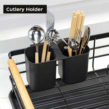 Black & White Carbon Steel Dish Drying Rack With Wooden Handle, Large Capacity Countertop Dish Rack,Kitchen Storage Rack,Countertop Plate Bowl Cup Organizer With Removable Utensil Holder & Drain Tray, Multi-Size Kitchen Dish Storage Rack For Home - View 8