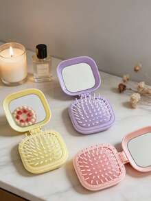Macaron Color Series - Mini Foldable Air Cushion Comb With Built-In Mirror, Candy Color Portable Travel Comb, Cute 3D Bow Decoration Massage Comb, Anti-Static - Foldable Air Cushion Massage Brush, Suitable For Girls And Women Daily Outdoor, Travel, Vacation, Back To School, School Opening Gift, Party Holiday Small Gift - Multicolor - View 8