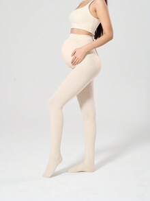 1 PC Women's Cream White High-Waisted Maternity Pantyhose, Minimalist Style Medium-Thickness Cotton Leggings For Spring & Autumn - Multicolor - View 4