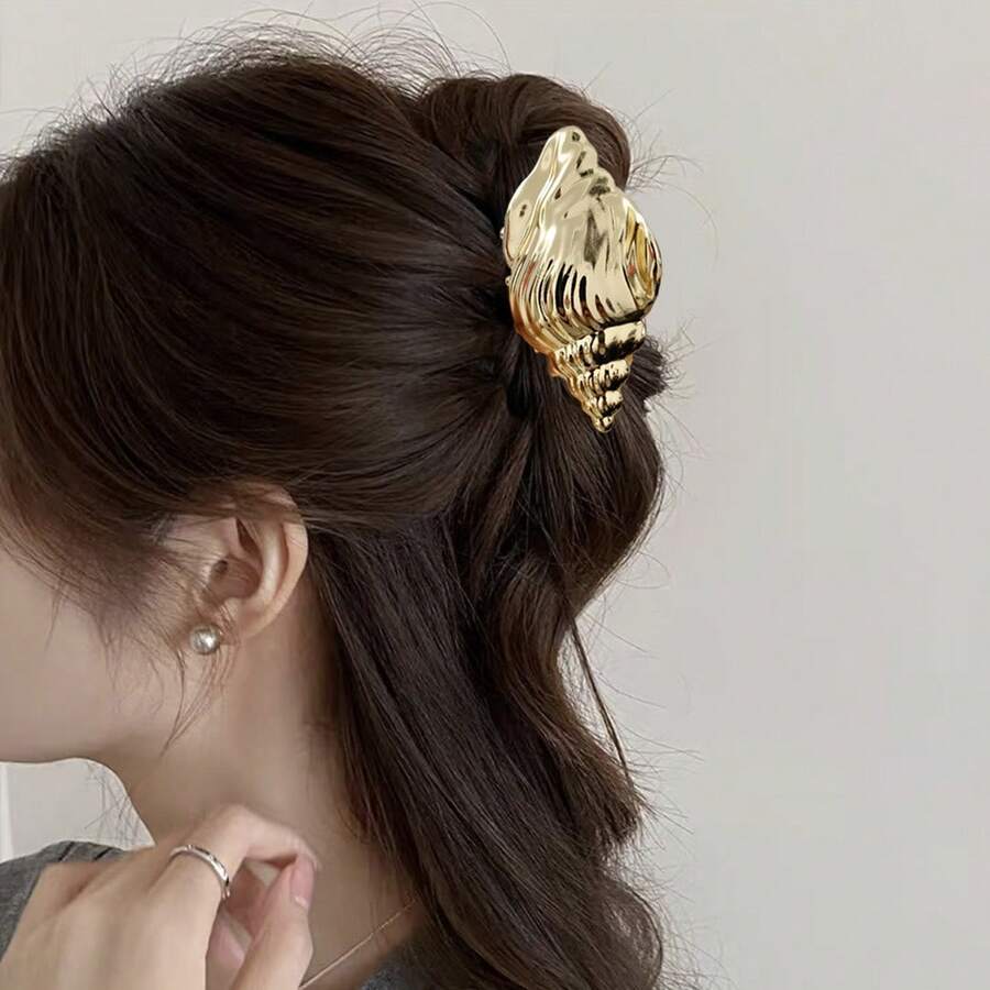 1 pièce Pince à cheveux en forme de coquillage marin doré, pince à cheveux en métal en forme de requin de plage océanique, pince à cheveux vintage antidérapante et solide de sirène, accessoires pour cheveux pour femmes - Doré - Voir 1