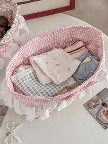1pc Floral Lace Fabric Storage Basket Sweet Gentle Style Mother-Daughter Set Foldable Bedroom Dormitory Desktop Cosmetics Small Items Digital Products Organizer Container Home Decor Gift - View 4