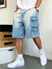 Men's Y2K Gradient Wash Distressed Loose Cargo Denim Shorts, Knee Length, Multi-Pocket, Hip Hop Streetwear Style - Medium Wash - View 3