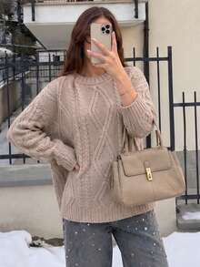 Women's Plus Size Chunky Knit Round Neck Long Sleeve Loose Pullover Sweater - Khaki - View 3