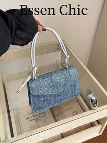 1 pieza Bolso de mano cuadrado pequeño de lona color azul sólido para mujeres - azul real - Ver 5