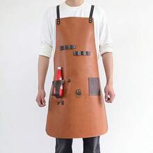 PU 瘋馬皮新款永恆耐用復古油蠟工具圍裙 餐飲工作商業圍裙 - 黑色 - 查看 6