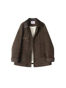 Jaket Kancing Depan Bahan Suede Beludru Gaya Gudang Vintage Maillard Warna Cokelat, Cocok untuk Pakaian Sehari-hari di Kampus/Kantor, Musim Dingin - Chocolate Brown - View 3