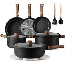 1/13件高品質鍋具套組,包含不沾鍋、煎鍋、湯鍋與平底鍋,適用於電磁爐並兼容所有爐灶,可用於製作鬆餅、煎蛋、煎牛排等 - 查看 13