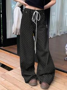 Vintage Polka Dot Drawstring Loose Straight Leg Jeans, Casual Summer Palazzo Pants Black Fall - Black - View 1