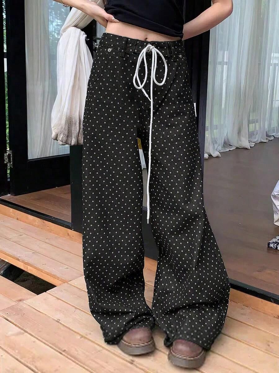 Vintage Polka Dot Drawstring Loose Straight Leg Jeans, Casual Summer Palazzo Pants Black Fall - Black - View 1
