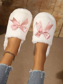 Pantuflas de mujer de peluche rosa con punta abierta, lazo de satén de unicolor, suaves y esponjosas, antideslizantes y cálidas, para uso diario en el dormitorio y el hogar - Blanco - Ver 3
