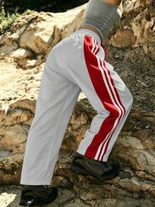 Women's Sports Long Pants, Dual Side Pockets, Straight Leg Summer Lightweight, Elastic Waistband With Drawstring Design, Contrast Stripe Design Autumn - Light Grey - View 5