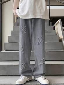 Jeans de mezclilla gris con bordado de rayo desgastado para hombre - Gris - Ver 3