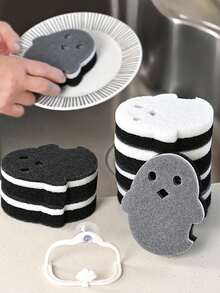 3 piezas de esponjas de limpieza mágicas de 3 capas con diseño de fantasma lindo (estante de almacenamiento no incluido), potentes para eliminar grasa pesada de cocina, esponja multiusos para cocina y baño, decoración de otoño, decoración de Halloween para el hogar y la cocina, adecuadas para uso en centros comerciales y restaurantes - Multicolor - Ver 3