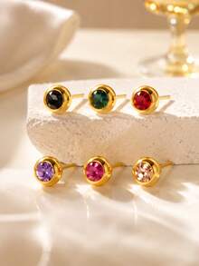 VceTd 1 Pair Mini Cute Style Colorful Glass Decorated Round Ball Stainless Steel Stud Earrings For Women, Suitable For Daily Wear - Yellow Gold - View 1