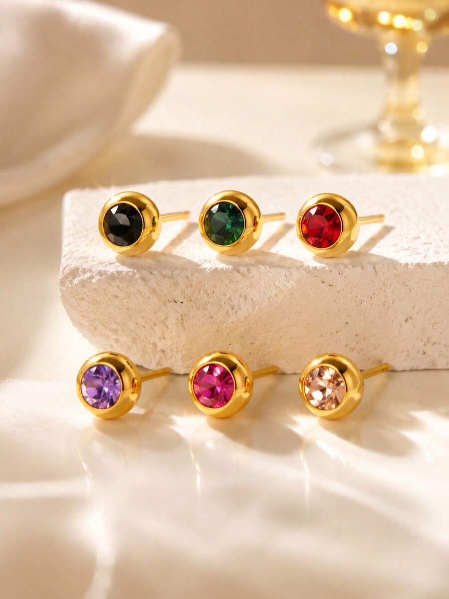 VceTd 1 Pair Mini Cute Style Colorful Glass Decorated Round Ball Stainless Steel Stud Earrings For Women, Suitable For Daily Wear - Yellow Gold - View 1