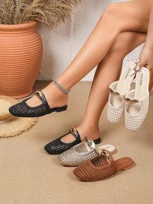 2026 Nouvelles chaussures style vacances bohème ajourées tressées artificielles respirantes à bride croisée avec boucle métallique, chaussures femme style mariage occidental décontracté ajourées à semelle plate souple grande taille, chaussures plates décontractées confortables élégantes à bande élastique perforée, légères, respirantes, convenant pour le quotidien, les courses, le bureau, la plage, le ballet et autres occasions - Noir - Voir 7