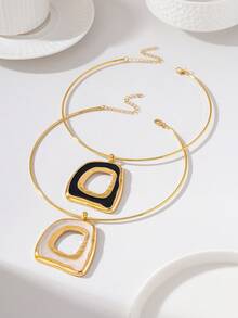1pc Fashion Asymmetrical Hollow Square Oil Drop Pendant Necklace - Collar - View 6