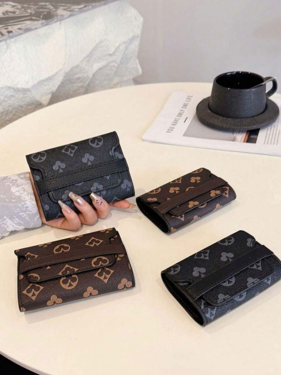 XD New Brown PU Random Print Compact Folding Card Holder For Girls, Multi-Slot Design, Fashionable And Versatile, Scratch-Resistant Card Holder Storage Bag, Flap Closure Lightweight Handbag, Suitable For Girl, Mini Wallet, Summer Autumn Card Wallet