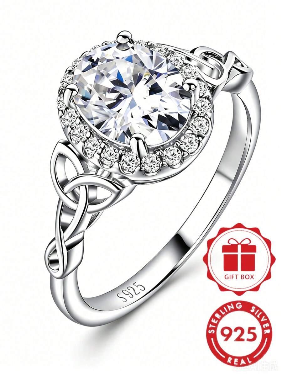 1pc 925 Sterling Silver Fashion Cubic Zirconia Inlaid Celtic Knot Love Ring For Women, Elegant Luxury, Suitable For Daily Wear, Gift - Silver - View 1