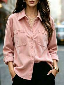 Women's Solid Color Single-Breasted Casual Versatile Everyday Outing Shirt - Pink - View 2