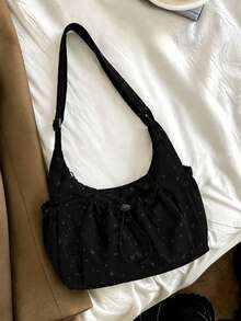 Minimalist Star Pattern Underarm Bag, Ruched Fabric Side Waist Design, Adjustable Shoulder Strap, Large Capacity, Suitable For Weekend Outings, Daily Errands, Street Style - Black - View 8