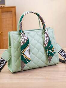 2026 Elegant Women's Handbag Embroidered Rhombus Tote Bag Premium Shoulder Crossbody Square Bag Scarf Decor Large Capacity Commuter Style Gift For Her - Multicolor - View 8