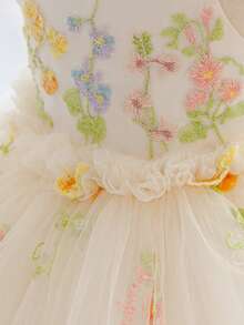 女嬰 3D 花朵刺繡公主洋裝，細肩帶洋裝，適合兒童生日、花童、婚禮、萬聖節及其他節日慶祝 - 香檳色 - 查看 7