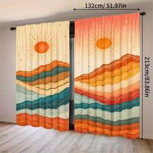 2pcs Mid-Century Rainbow Mountain Sun Semi-Sheer Curtains 90GSM Privacy-Protect Polyester, Easy Install, Quick-Dry & Fade-Resistant, Lightweight Washable. Great Decor/Room Dividers For Bedroom, Kitchen & Home. - Multicolor - View 17