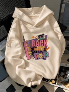 1pc Tween Girls Hooded Sweatshirt, Vintage Print Top, 90s Big Brother Cassette Tape Color Block Letter Pattern, Loose Fit Retro Street Casual Pullover Sweatshirt - Apricot - View 1