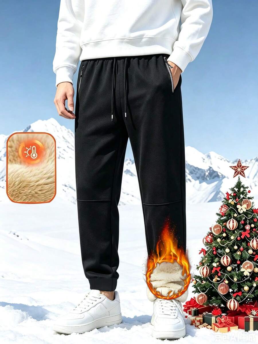 Men's Thick Fleece Ankle Pants, Cashmere Lining, Warm And Comfortable, Zipper Pockets And Drawstring Design, Suitable For Winter Outdoor Travel - Black - View 1