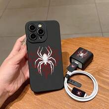 5件組黑白蜘蛛圖案手機殼 + 充電頭保護套 + 線材保護套 + 收納繩 TPU 防震保護殼，適用 Apple 17 16e 16 15 14 13 12 11 Mini Pro Max Air X XR XSMAX 8 7 Plus，防摔磨砂背蓋，智慧型手機保護殼，日常使用，時尚手機配件，創意設計，UV 列印設計，時尚保護殼，適合時尚愛好者與音樂愛好者，生日禮物首選 - 彩色 - 查看 4