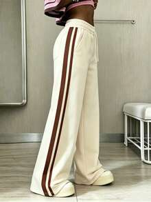 Casual Versatile Side Stripe Wide Leg Sweatpants, Elastic Waist Drawstring Sports Long Pants, Suitable For Daily/Street Style/Fitness Workout Fall - Khaki - View 2