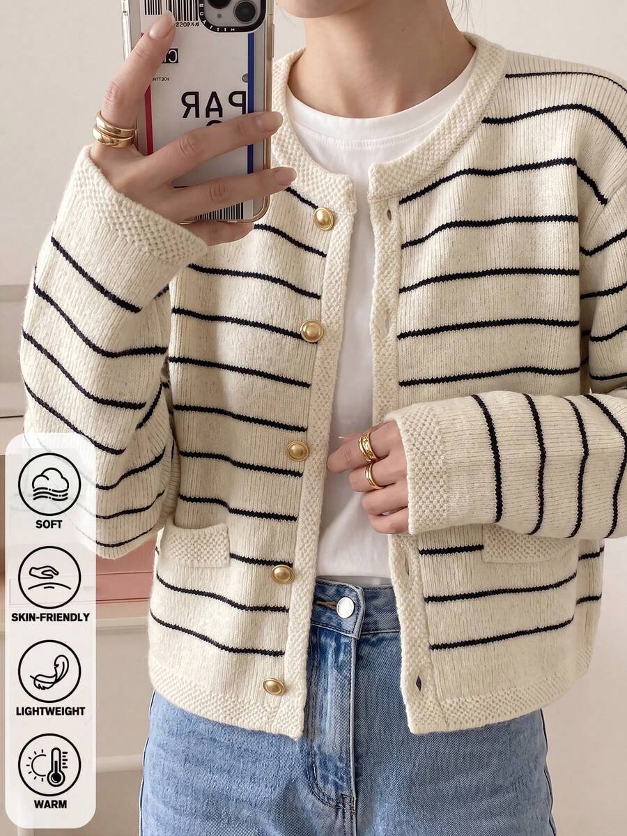Nautical Striped V Neck Knit Cardigan Metallic Buttons Patch Pocket Cropped Knit Jacket For Thanksgiving Campus Looks - White - View 1