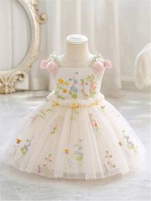 女嬰 3D 花朵刺繡公主洋裝，細肩帶洋裝，適合兒童生日、花童、婚禮、萬聖節及其他節日慶祝 - 香檳色 - 查看 1