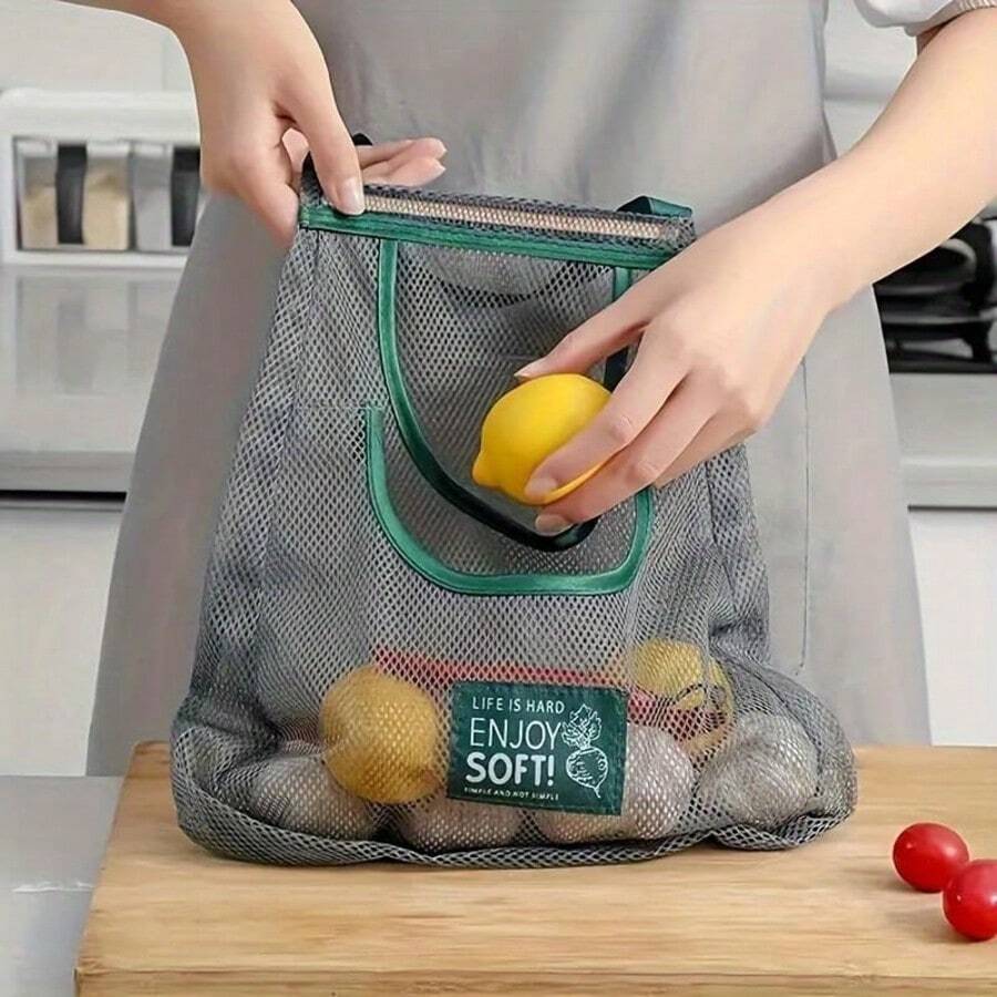1pc Large Capacity Double Layer Hanging Mesh Storage Bag, Reusable, Suitable For Storing Fruits And Vegetables, Washable, Can Be Hung On Wall, Also Used For Storing Garlic, Potatoes, Onions Or As Food Pantry Storage Bag, Suitable For Kitchen - View 1