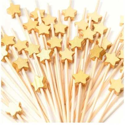 10 Or 50pcs Exquisite Gold Star Bamboo Skewers, Light Yellow Bamboo Natural Fresh. Compact Design, Neatly Arranged, Essential Decor For Food And Party!