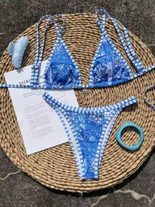 女款優雅多色印花泳衣套裝，適合夏季，理想用於春夏海灘度假、海邊活動與度假穿著 - 彩色 - 查看 3