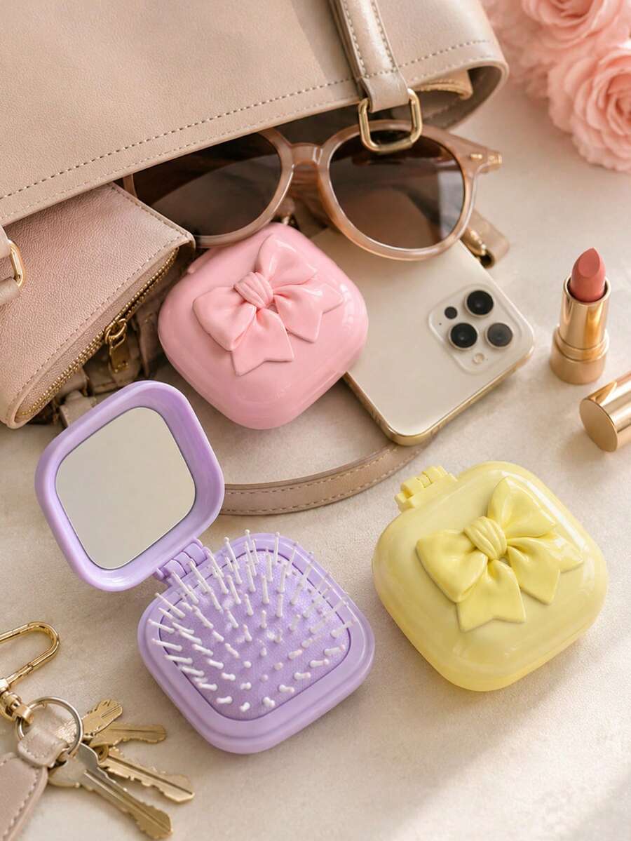 Macaron Color Series - Mini Foldable Air Cushion Comb With Built-In Mirror, Candy Color Portable Travel Comb, Cute 3D Bow Decoration Massage Comb, Anti-Static - Foldable Air Cushion Massage Brush, Suitable For Girls And Women Daily Outdoor, Travel, Vacation, Back To School, School Opening Gift, Party Holiday Small Gift - Multicolor - View 1