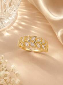 1pc French Gentle Style Hollow Leaf Wide Ring, Continuous Marquise Cut Design, Niche Premium Commuter Gift Hand Accessory - ring - View 7