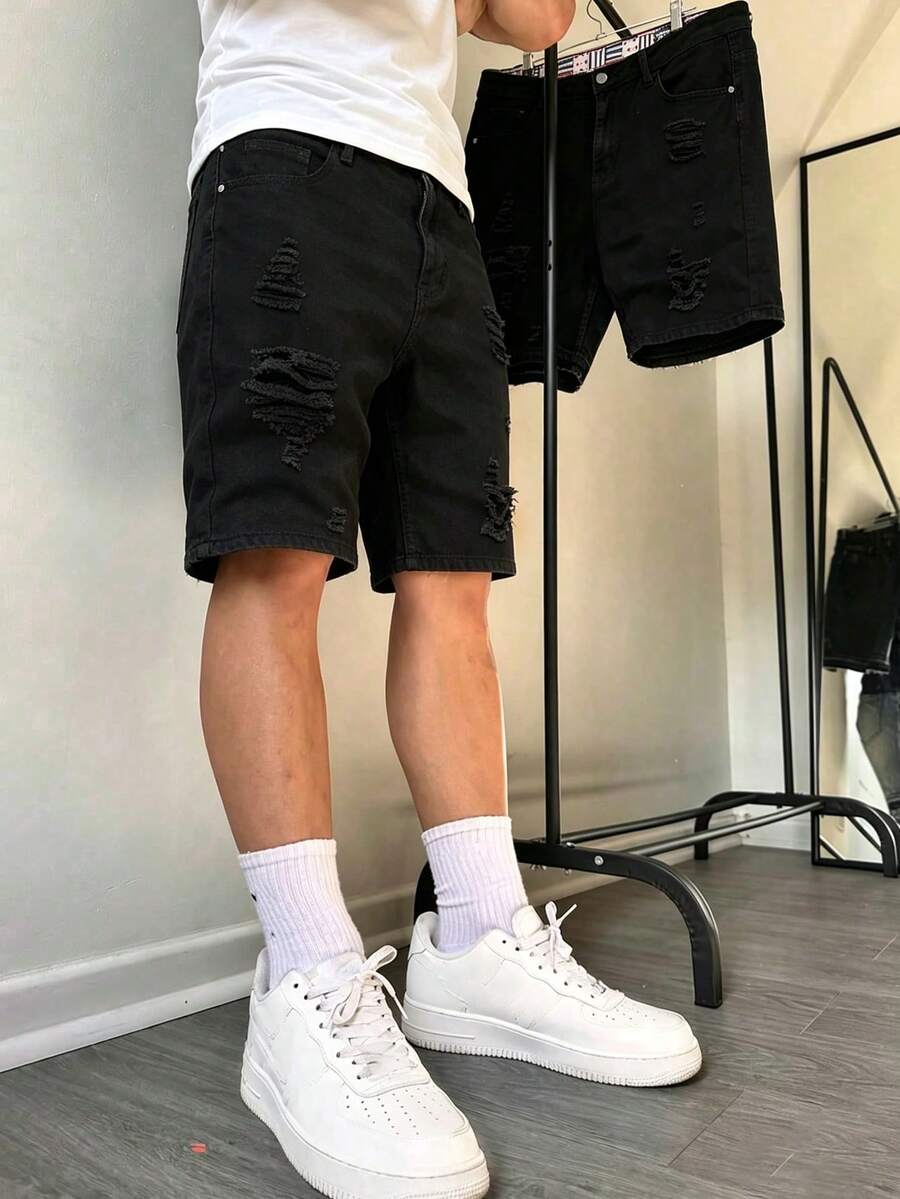 Tween Boys' Summer Casual Solid Color Distressed Denim Shorts - Black - View 1