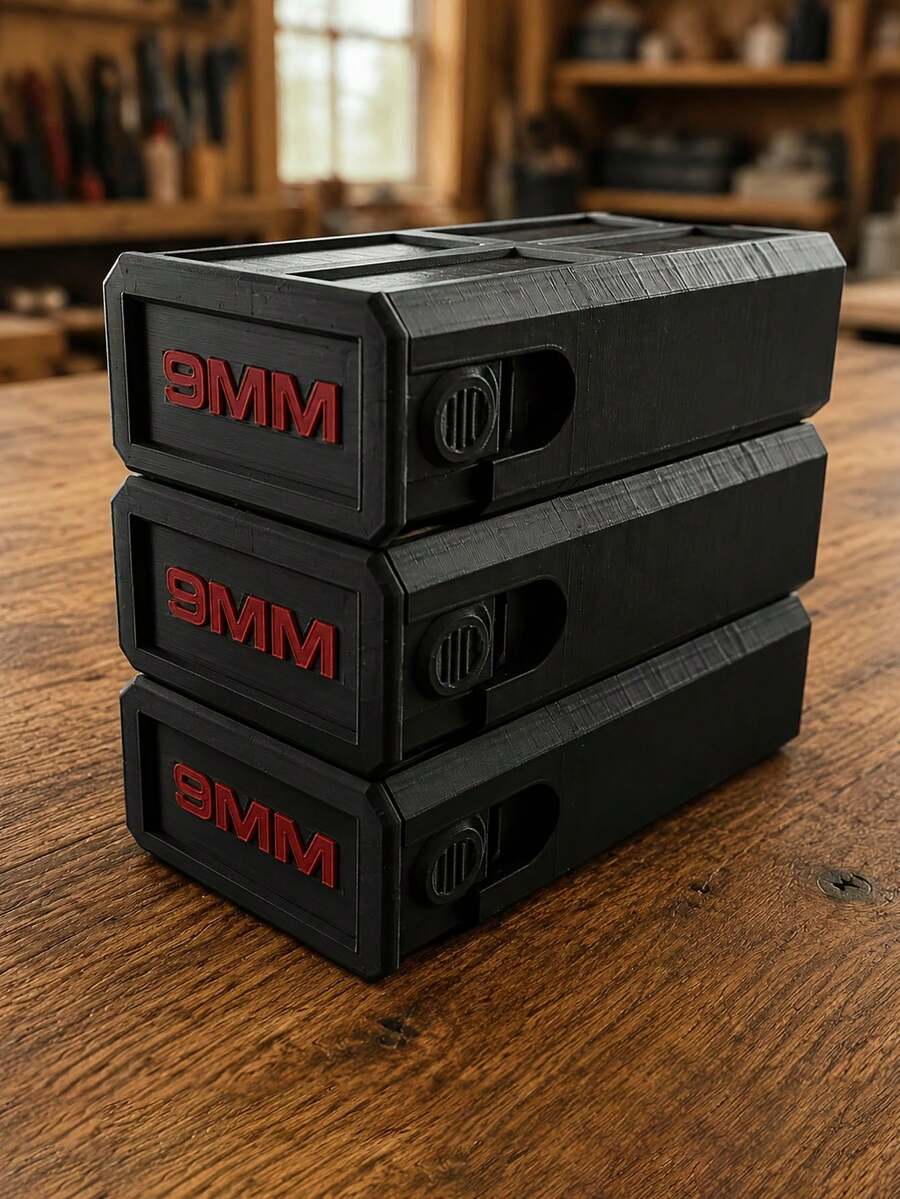 Portable 9MM Tactical Ammo Storage Box, Pull-Out Design Desktop Bullet Organizer, High-Pressure Resistant Hard Shell Shooting Range Equipment, Personalized 9MM Labeled Box, Cool Hardcore Shooting Enthusiast Men's Black Tactical Accessory - View 1
