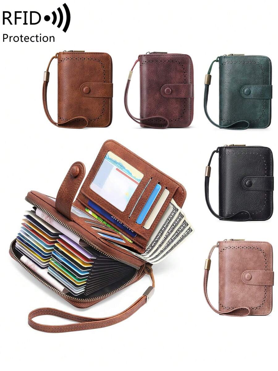 MIYIN Fashion Retro Hollow Design Credit Card Wallet, Women's, RFID Anti-Theft, Large Capacity Bifold Zipper Card Holder, With Wrist Strap, 32 Card Slots, Short Wallet, Wristlet Wallet, RFID Wallet, Suitable For Party, Shopping, Travel