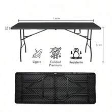 Mesa Plegable 1.80m| Tipo Portafolio de Plástico| Blanca para Jardín Exterior - Negro - Ver 2